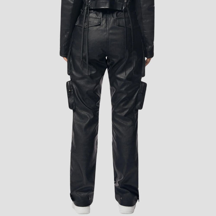 Complete your wardrobe with these versatile black leather cargo pants, blending comfort and fashion for a truly chic look.