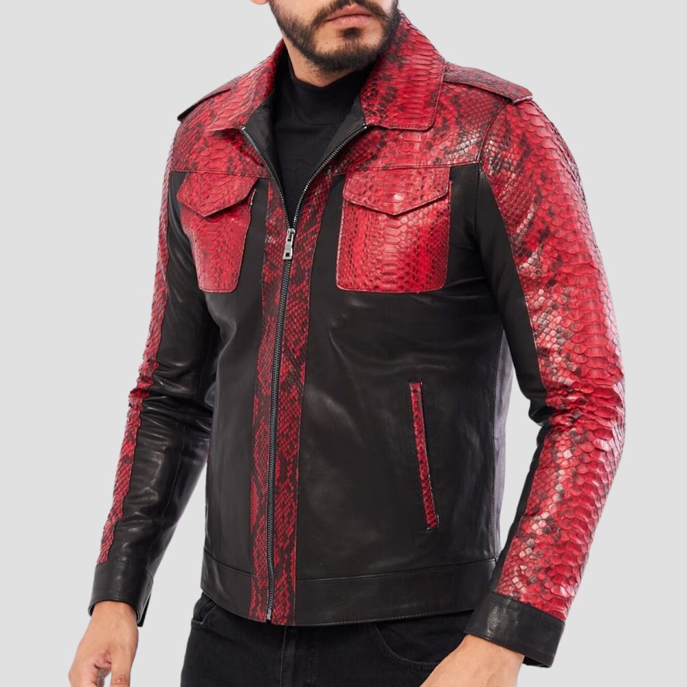 Embrace a luxurious yet bold look with this men’s snakeskin leather jacket, ideal for those who want to stand out in the streets.