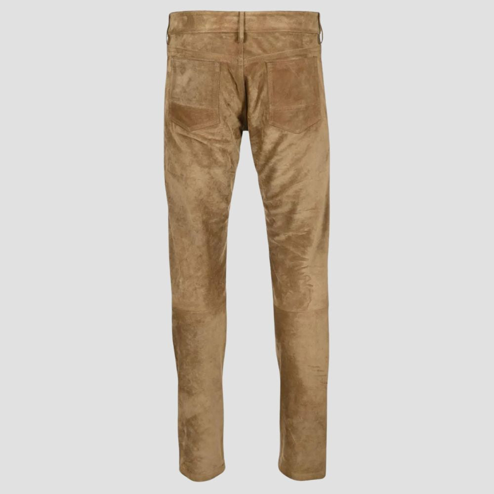 Men’s brown suede leather pants with a casual and luxurious design.