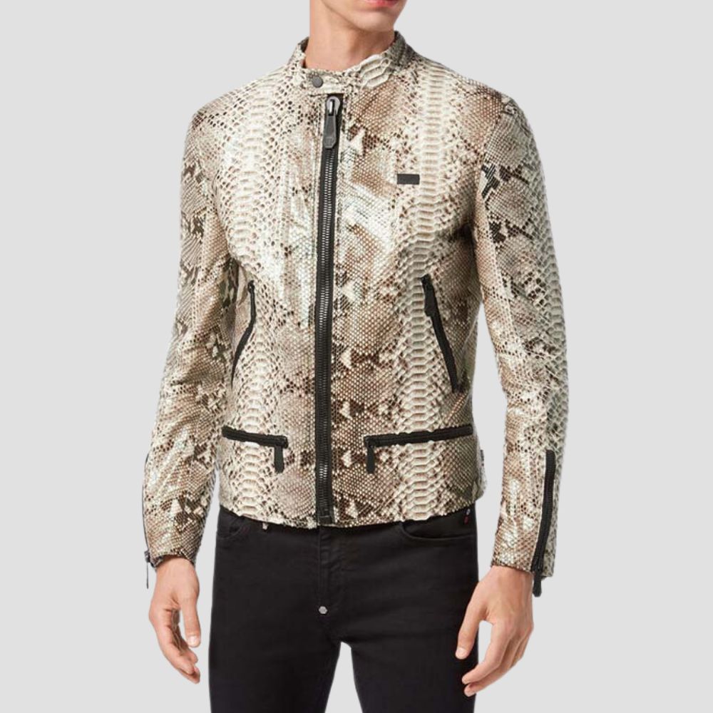 This snakeskin leather jacket combines timeless biker style with a bold twist, perfect for making a statement on the road.