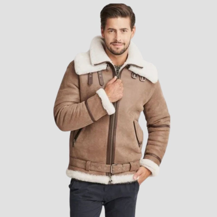 A timeless classic, this B3 bomber aviator jacket combines rugged style with cozy shearling warmth for the perfect winter look.