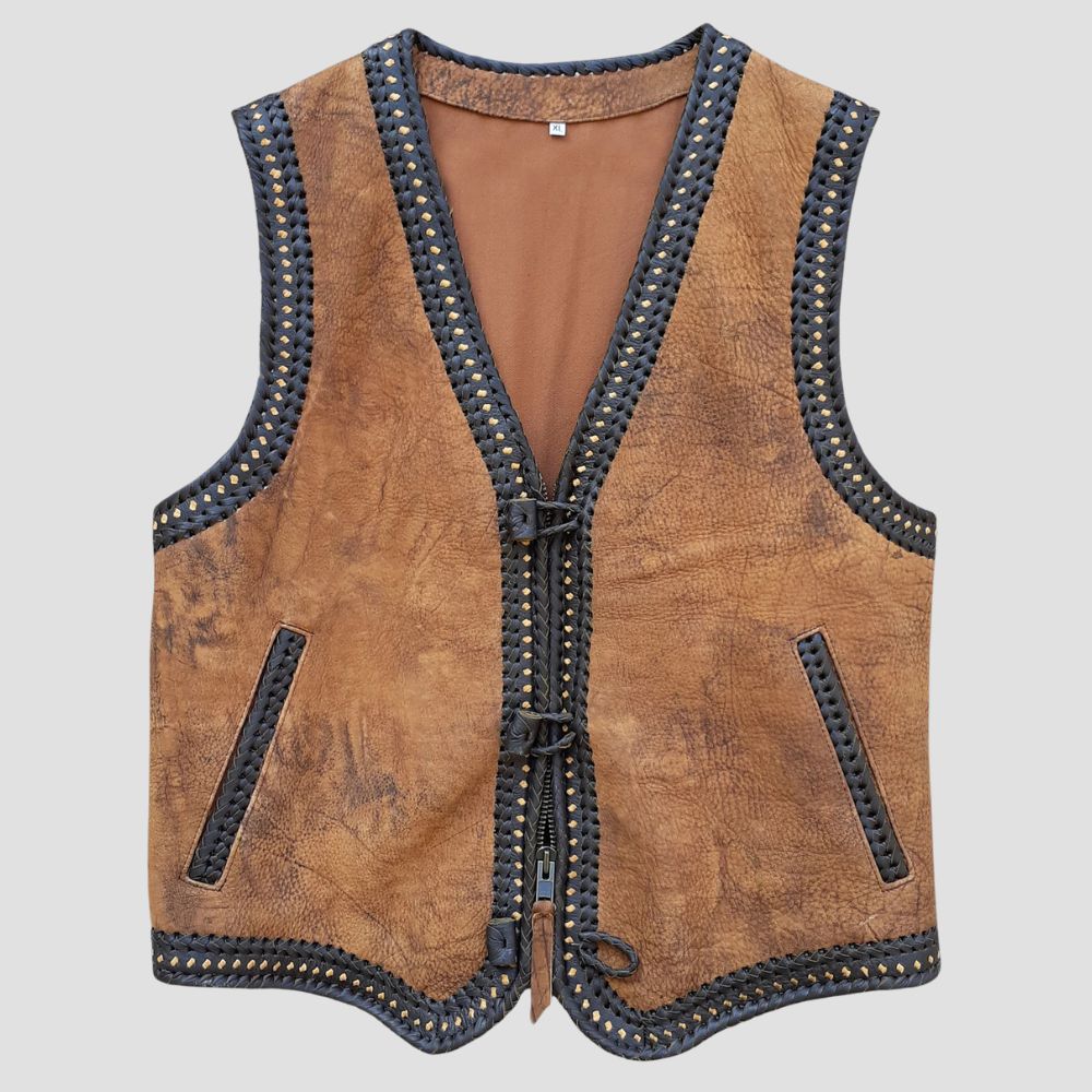 Unique vintage-style distressed brown leather biker vest for riders.