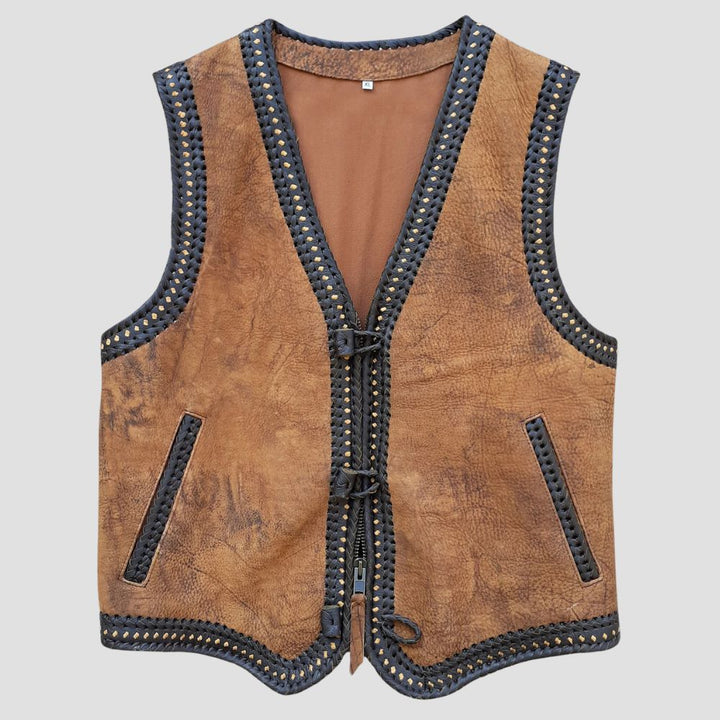 Unique vintage-style distressed brown leather biker vest for riders.