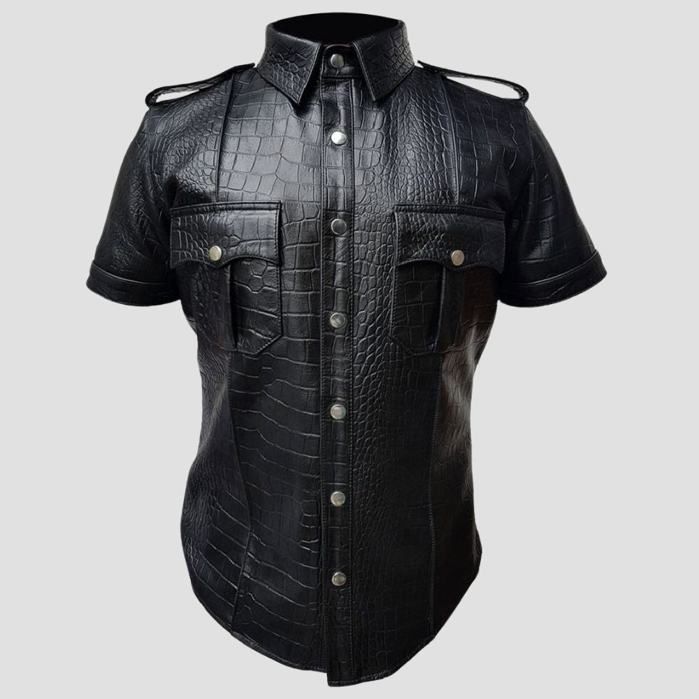 Stylish black crocodile leather police uniform shirt for men made from lambskin.