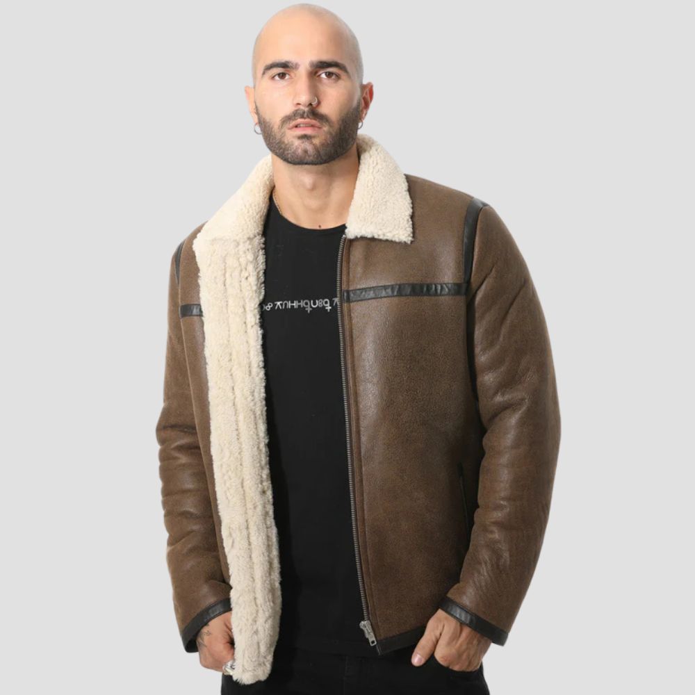 Brown lambskin jacket with curly wool trim for a unique winter style.