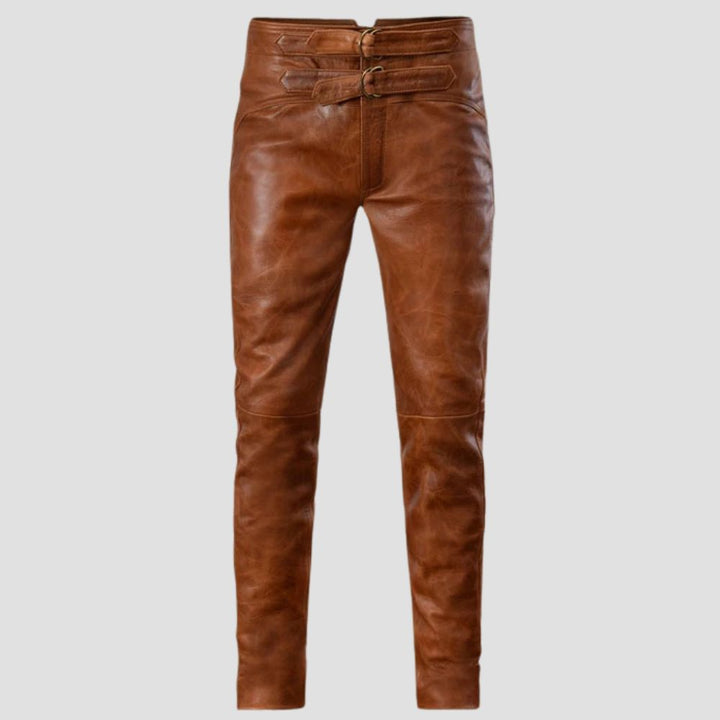 Trendy brown distressed leather pants for men, made from premium sheepskin leather.