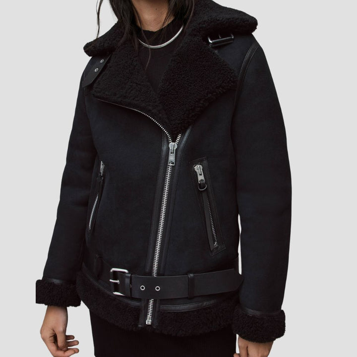 Elevate your winter wardrobe with a women’s shearling leather jacket. The luxurious shearling and premium leather combine to create a bold statement piece for cold-weather fashion.