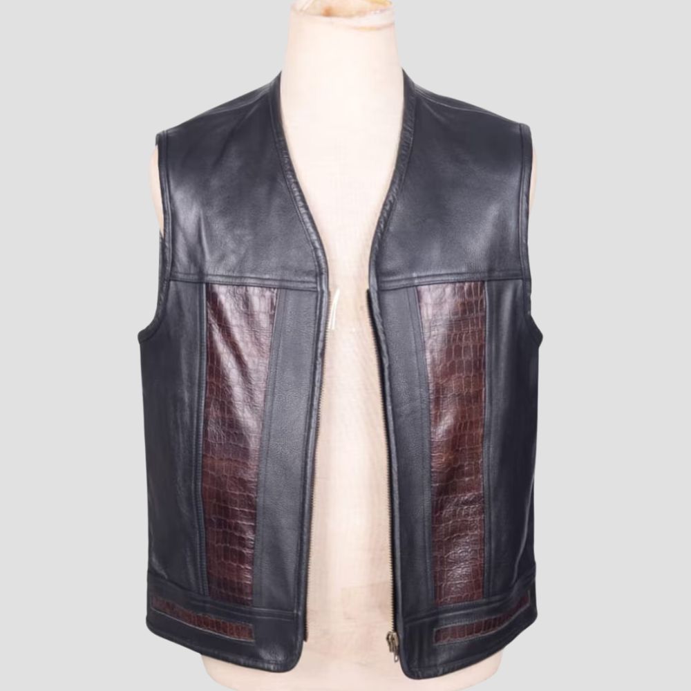 Premium leather club vest for men made with sheepskin leather and polyester lining.