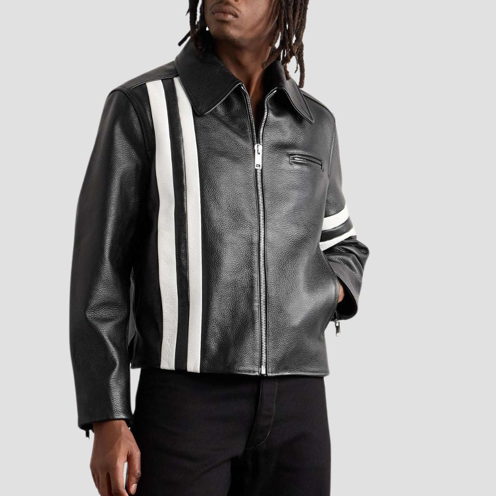 Upgrade your motorcycle style with this classic men’s leather biker jacket, designed for both comfort and timeless fashion