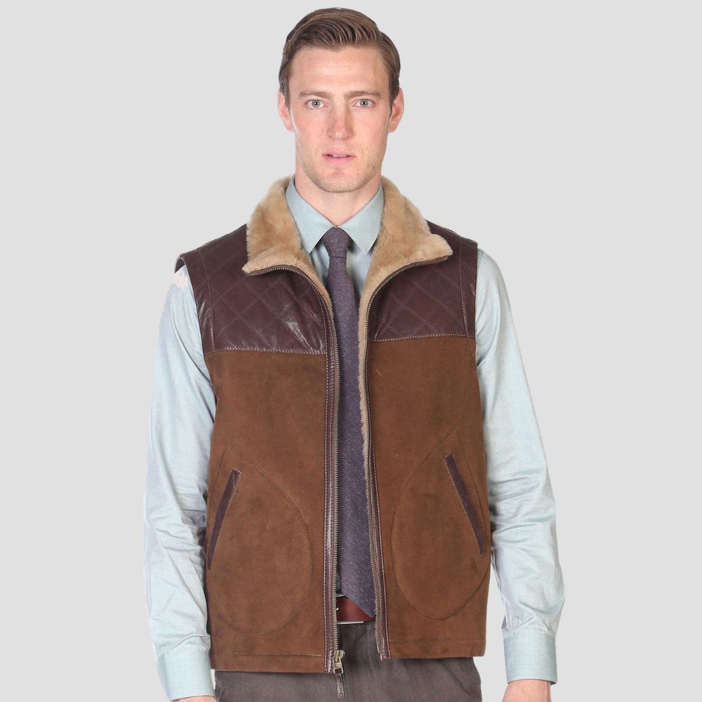 Stylish suede leather shearling vest for men with plush fur lining.