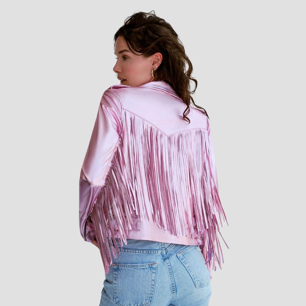 This women’s metallic leather jacket with Western fringes is the ultimate choice for a trendy, bold look. The metallic leather and fringe details give it a unique, fashion-forward flair.