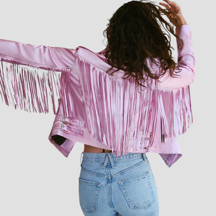 Shop a women’s stylish metallic leather jacket with Western fringes. The striking metallic sheen paired with fringed accents brings a modern, fashionable twist to classic Western style.