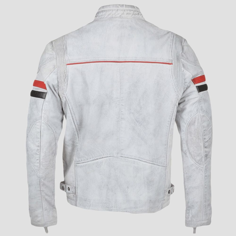 Men’s white biker jacket with a rugged distressed finish.