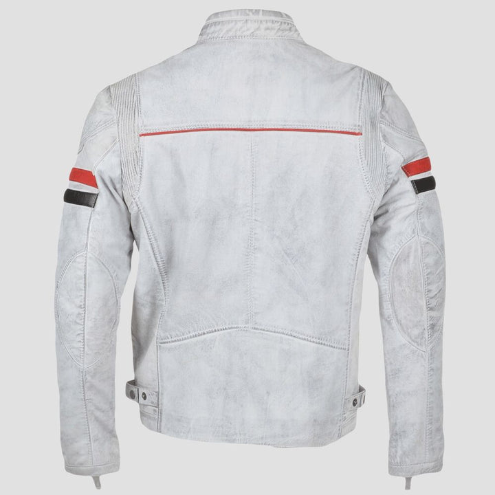 Men’s white biker jacket with a rugged distressed finish.
