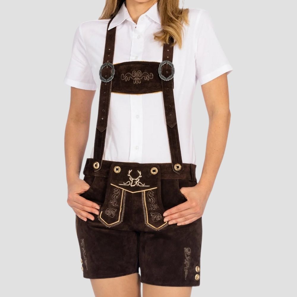 Shop classic women’s cultural lederhosen with side buttons for a tailored fit. Timeless Bavarian design, perfect for festivals and cultural events.