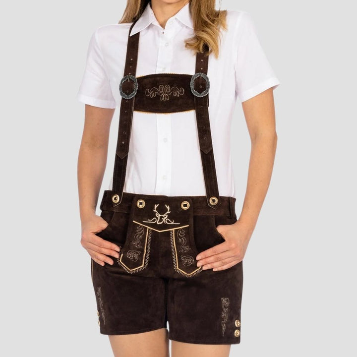 Shop classic women’s cultural lederhosen with side buttons for a tailored fit. Timeless Bavarian design, perfect for festivals and cultural events.