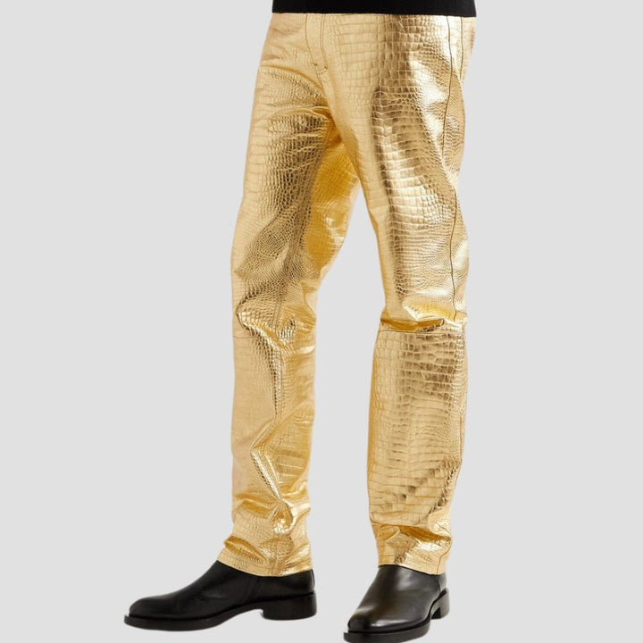 Luxury golden crocodile embossed leather pants for men, crafted from sheepskin leather.