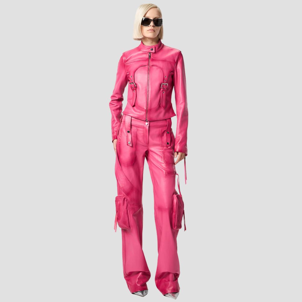 Stay comfortable and stylish with these cargo leather pants, designed with trendy utility features for modern women.