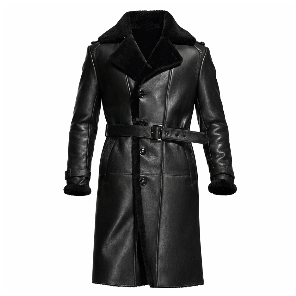 Comfortable men’s black sheepskin leather shearling coat