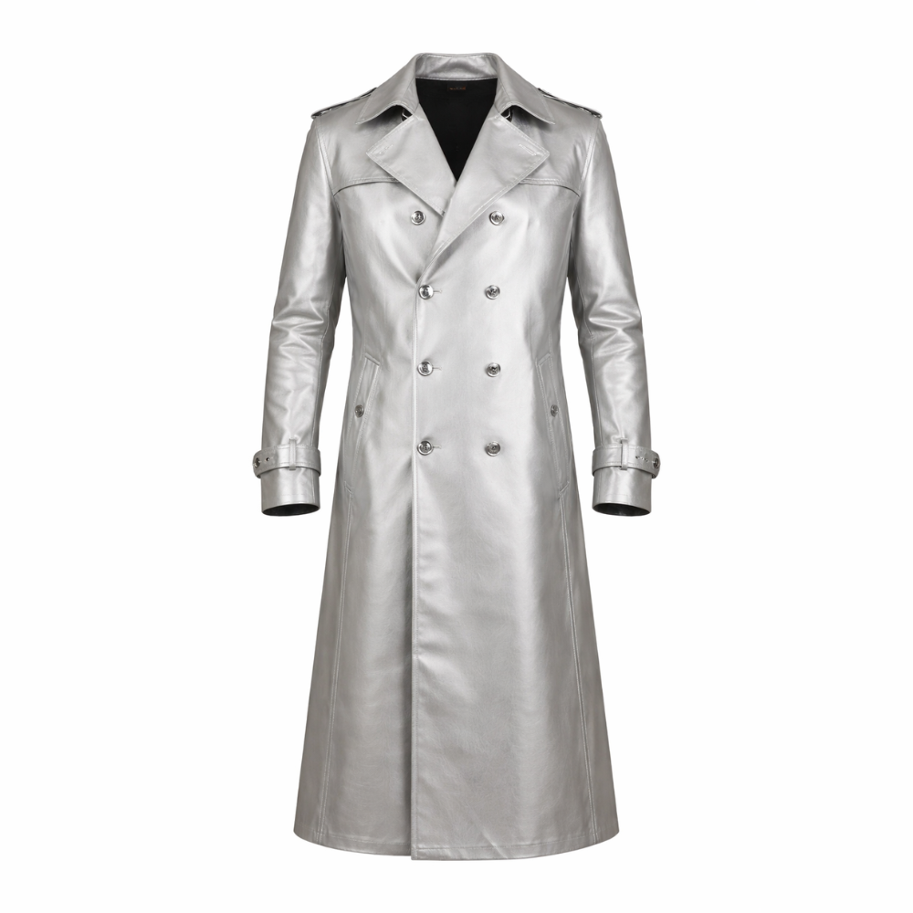 Comfortable men’s silver leather trench coat for long wear