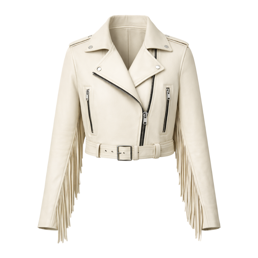 Cream leather fringe jacket with tassel 