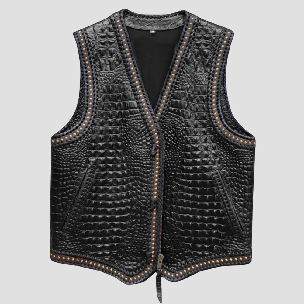 Trendy black crocodile embossed leather biker vest for men made from cowhide leather.