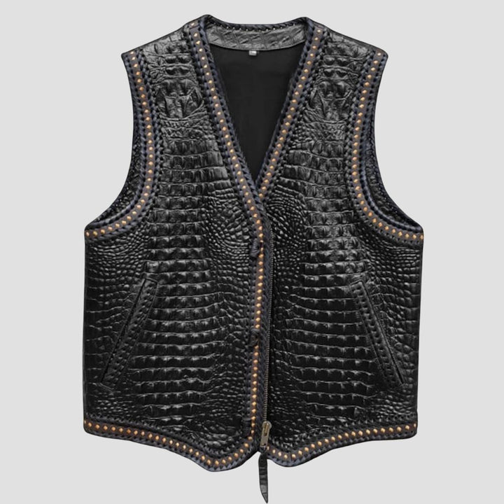 Trendy black crocodile embossed leather biker vest for men made from cowhide leather.