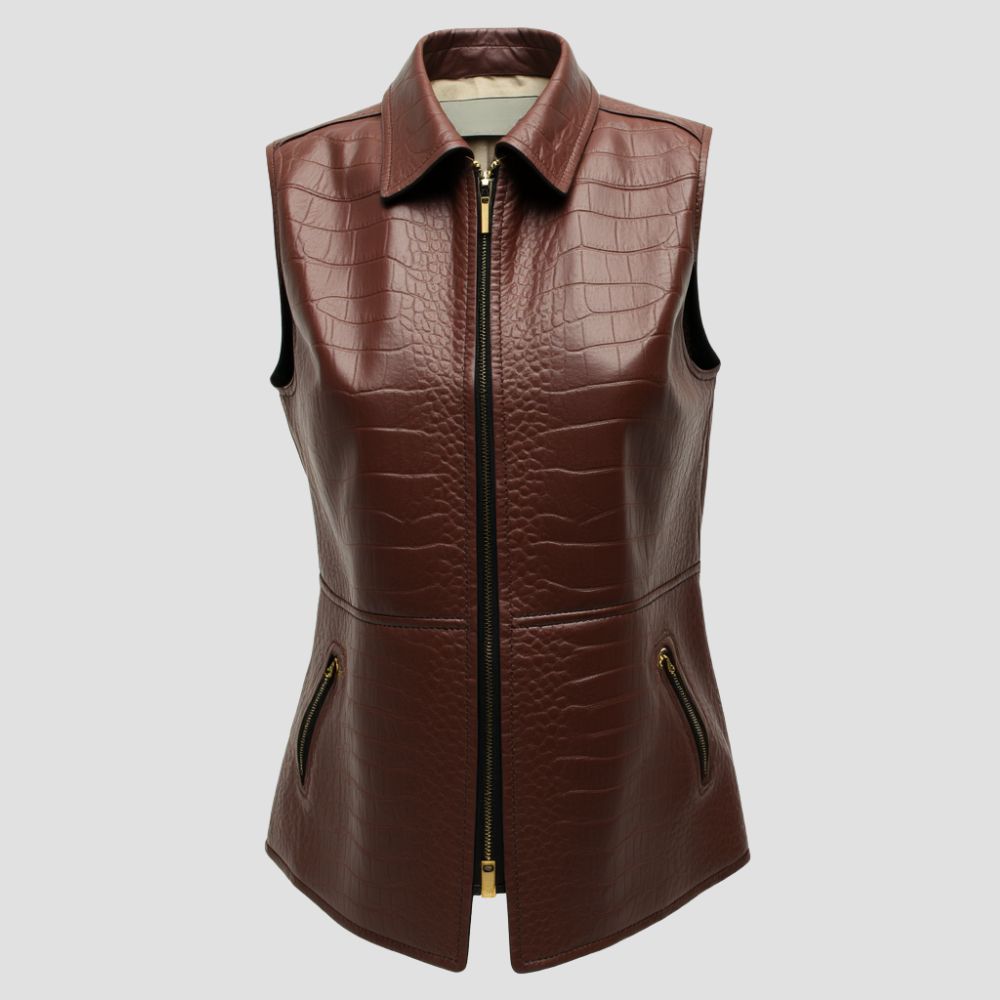 A modern and confident look with women’s crocodile leather vest, featuring a bold, textured design that enhances your stylish edge.