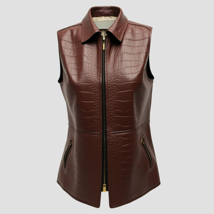 A modern and confident look with women’s crocodile leather vest, featuring a bold, textured design that enhances your stylish edge.