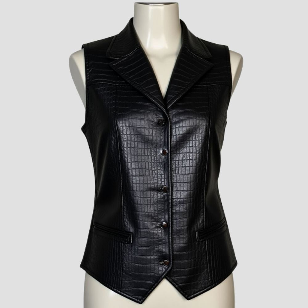 Women’s bold crocodile leather vest, designed to be the ultimate edgy wardrobe staple that enhances any outfit with fierce style.