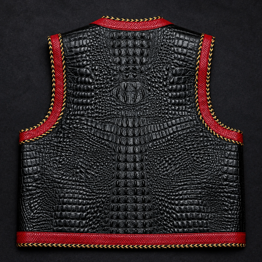 Black Crocodile Embossed Leather Vest with Red Trim