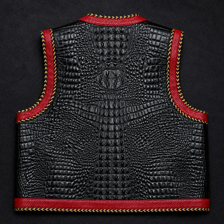 Black Crocodile Embossed Leather Vest with Red Trim