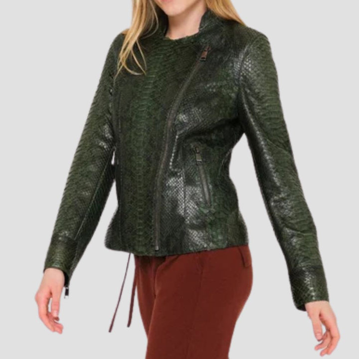 This high-quality snakeskin leather riding jacket is perfect for women who want style, durability, and comfort. A must-have for your riding adventures.