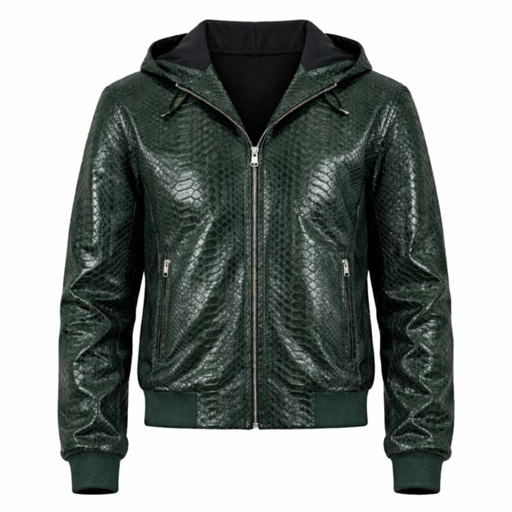 Stylish dark green python pattern leather jacket with matching leather cap