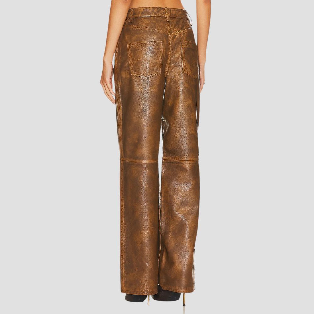 Stylish distressed leather pants for women with a rugged urban appeal.