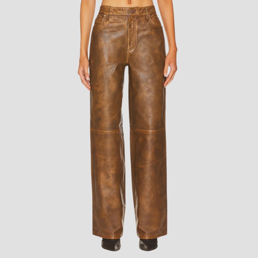 Women’s distressed brown leather pants designed for modern street style.