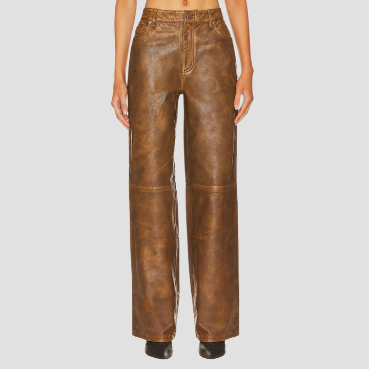 Women’s distressed brown leather pants designed for modern street style.