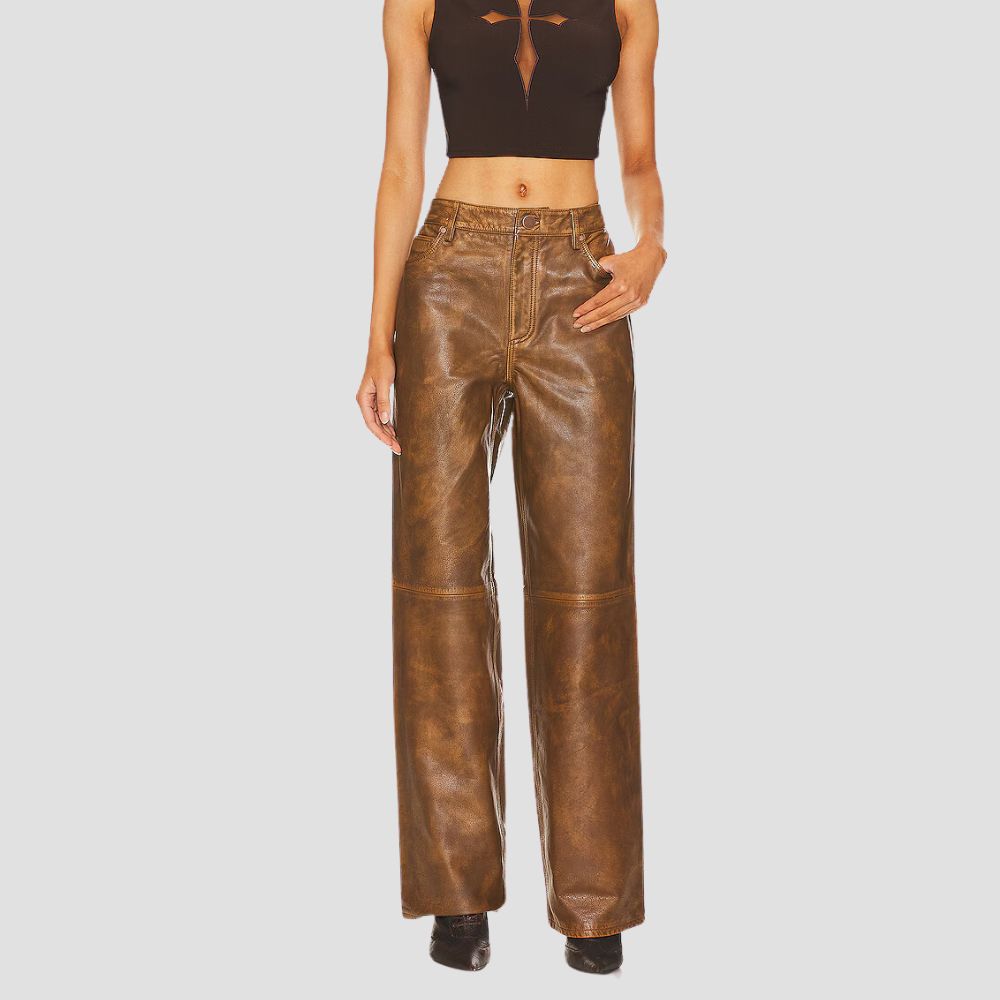 Distressed brown leather pants for women with an edgy, urban vibe.
