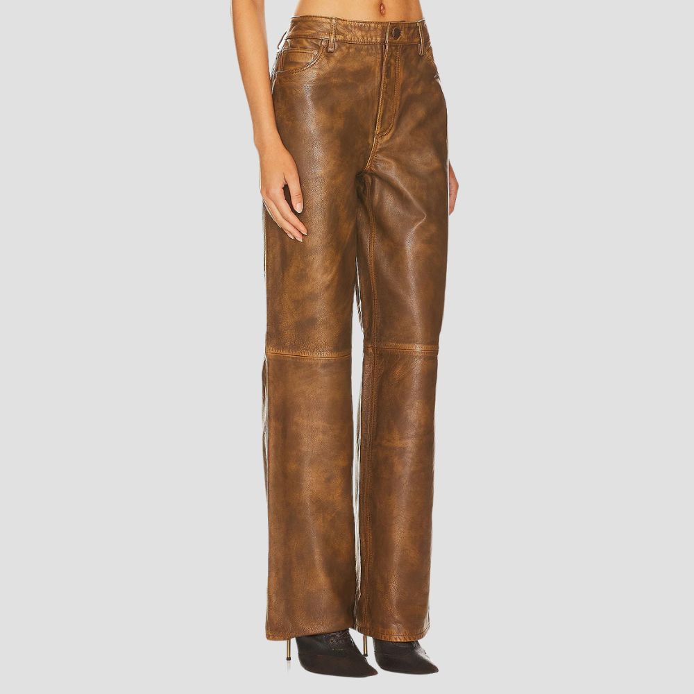 Urban-inspired women’s leather pants in distressed brown finish.