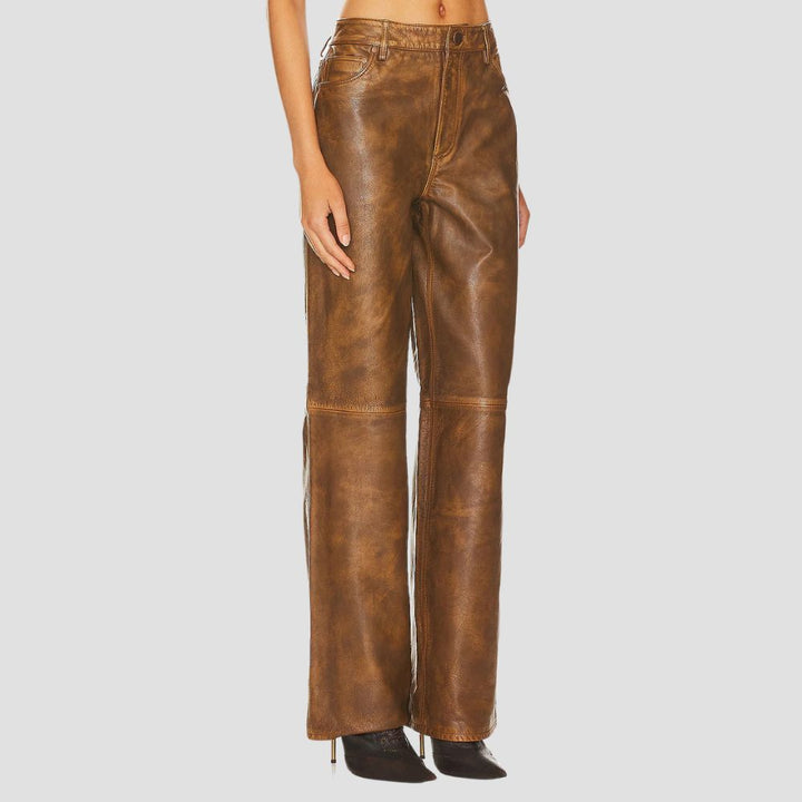 Urban-inspired women’s leather pants in distressed brown finish.