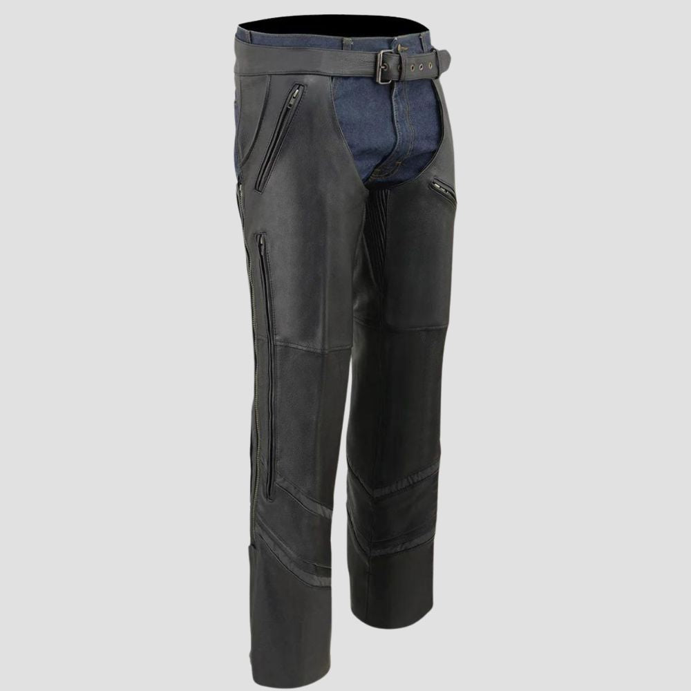 Adjustable leather biker chaps for men, perfect for riding gear