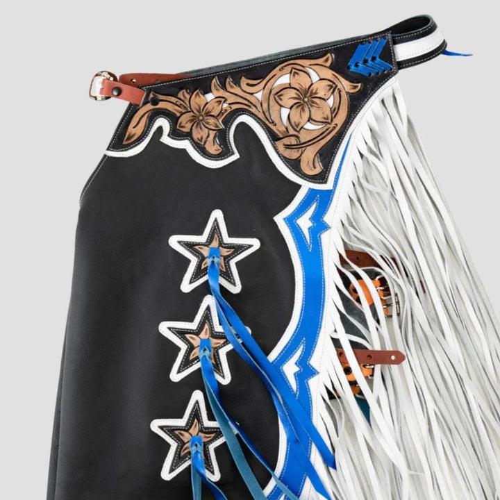 Built for performance and style, these premium leather chaps are a must-have for bull riders and rodeo competitors.