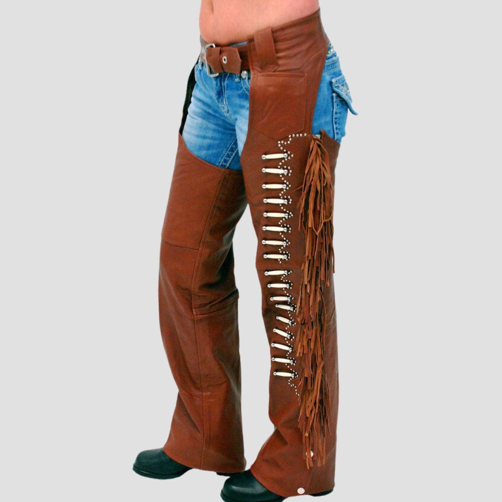 Ride in comfort and style with these premium leather fringe chaps, tailored for western riders and cowboys.