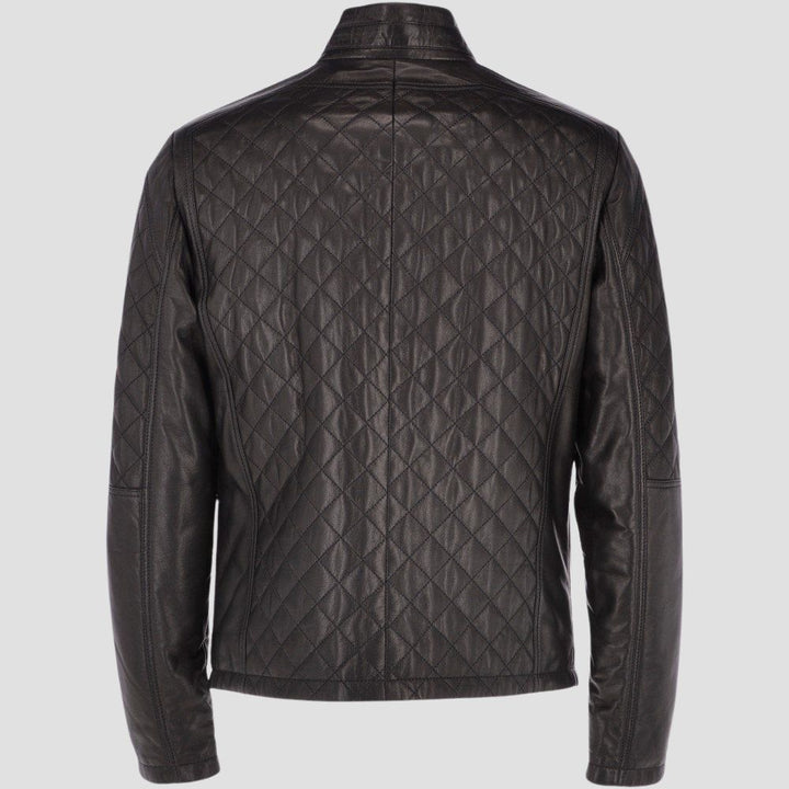 Stylish black sheep leather quilted jacket for men with sleek design.