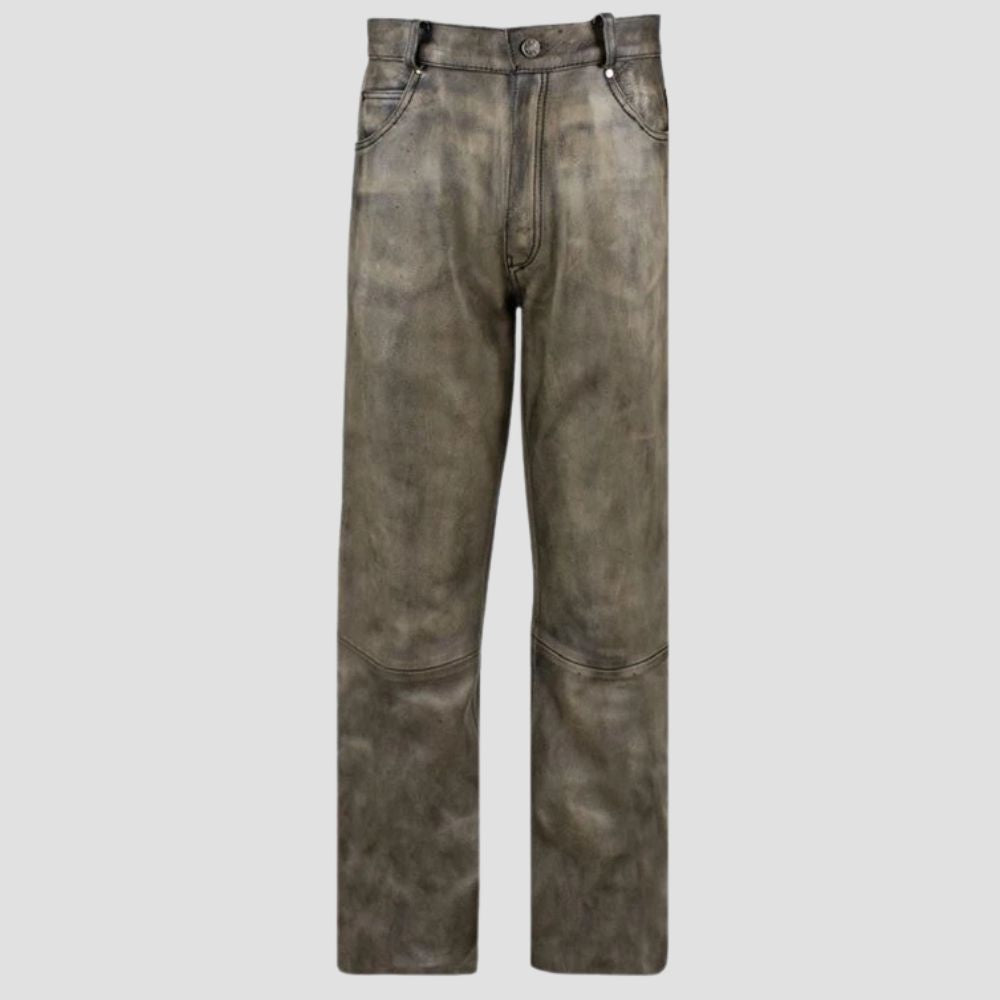 Premium distressed leather biker pant for men made from cowhide leather.