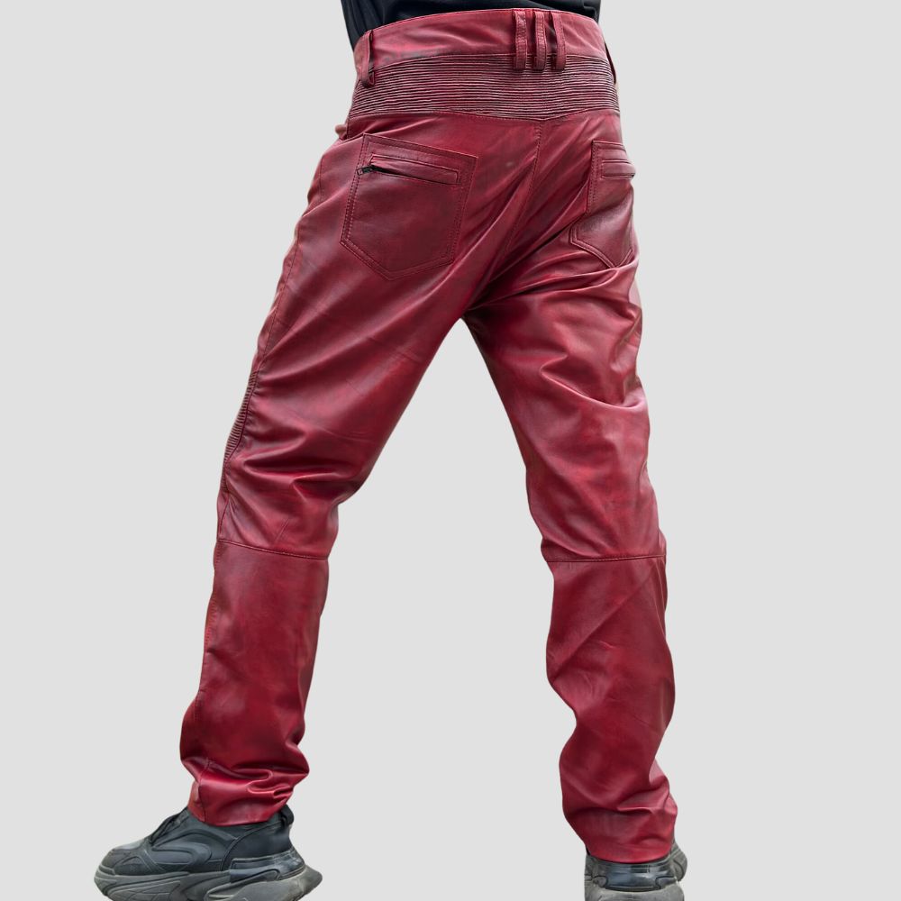 Durable cow leather biker pants in vibrant red for men’s fashion.