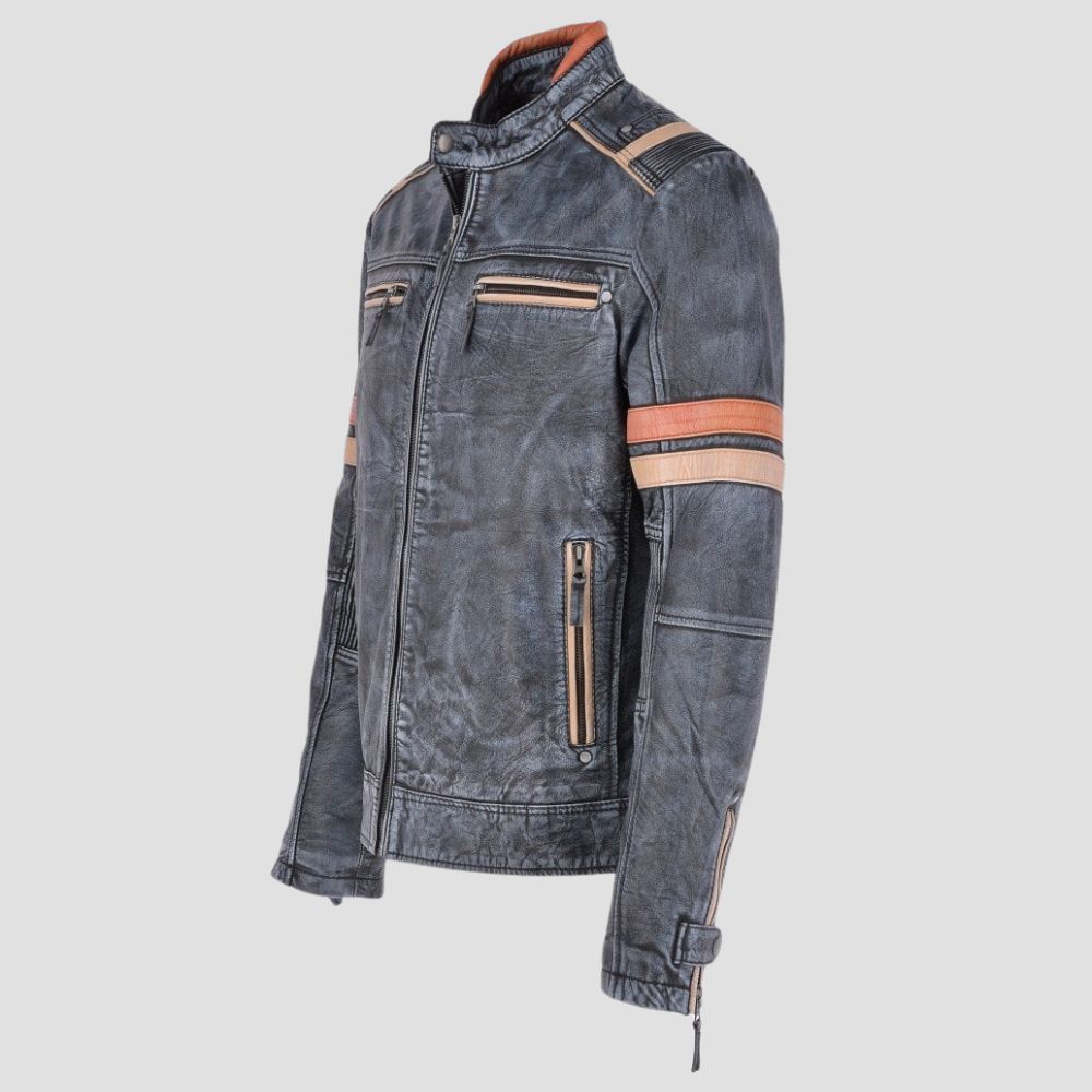 Stylish distressed leather jacket for men with adjustable collar.