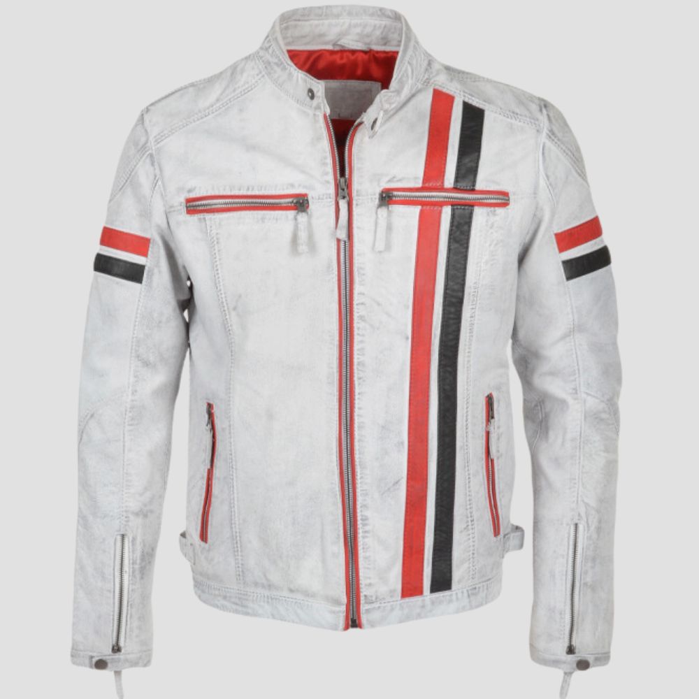 Stylish men’s white leather jacket featuring zipper cuffs