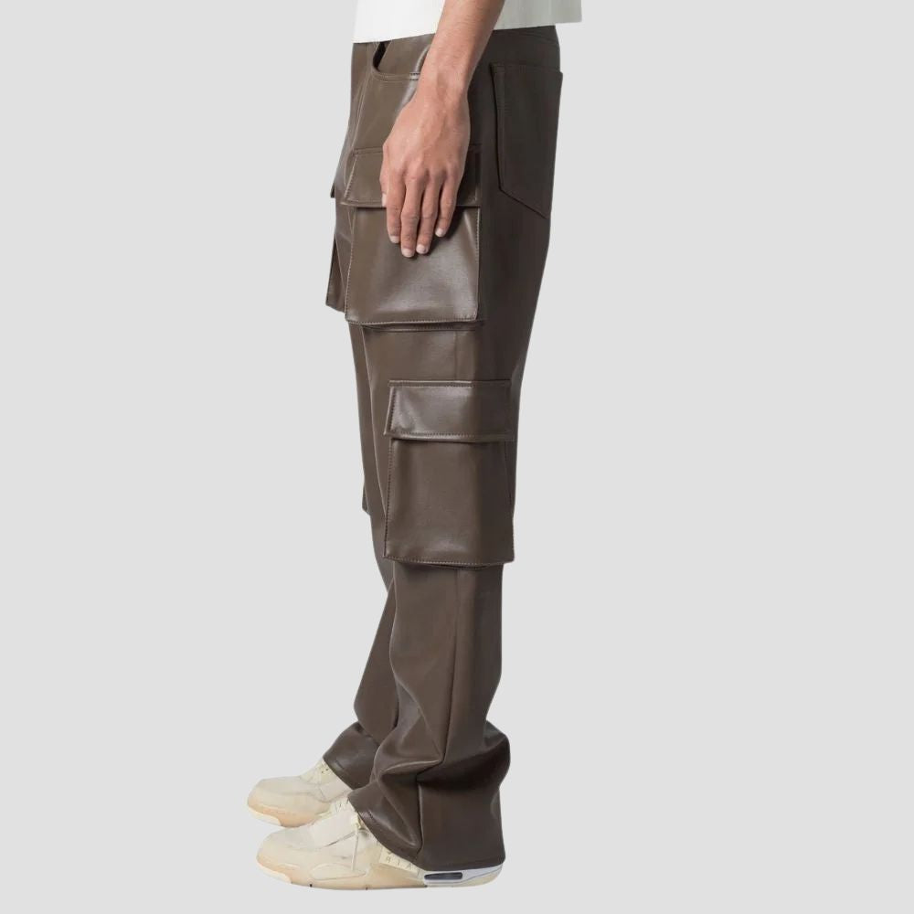 For a bold, practical look, these rugged leather cargo pants are ideal for everyday street fashion.