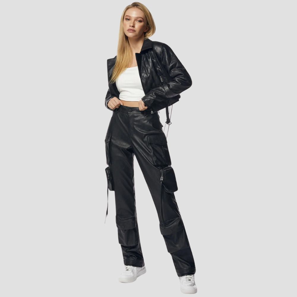 Step up your style game with these fashion-forward black leather cargo pants, perfect for any bold, modern look.